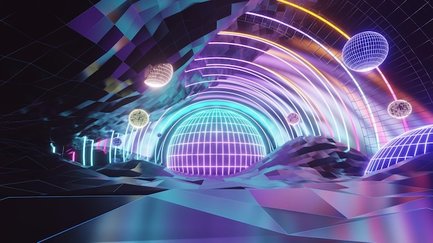 Fondo geométrico con estructura poligonal podio mostrar productos de colores luces de neón ciencia ficción