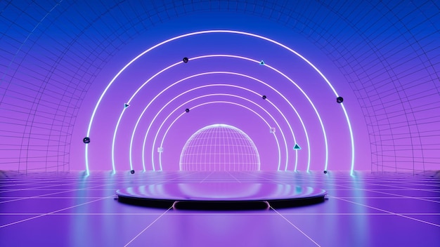 Fondo geométrico con estructura poligonal Podium muestra productos de colores luces de neón retro ciencia ficción