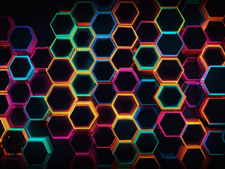 Fondo geométrico con hexágonos de color brillante neón