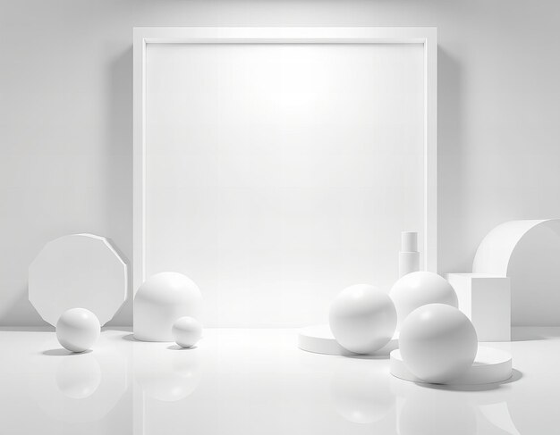 Fondo geométrico minimalista blanco con formas tridimensionales y objetos esféricos