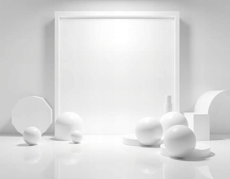 Fondo geométrico minimalista blanco con formas tridimensionales y objetos esféricos