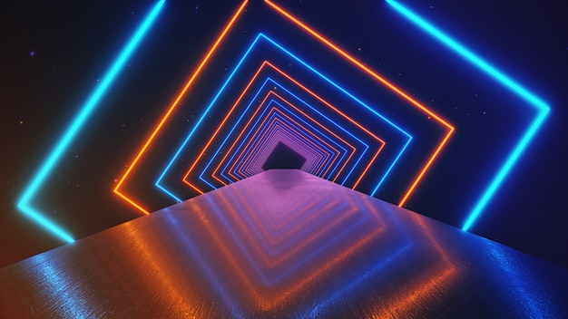 Fondo geométrico de movimiento abstracto, cuadrados de neón brillantes que crean un túnel giratorio, espectro púrpura azul rosado, luz ultravioleta fluorescente, iluminación colorida moderna, ilustración 3d