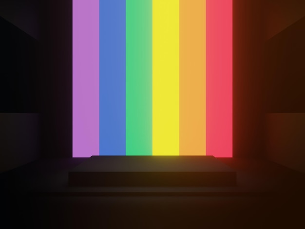 Fondo geométrico negro renderizado en 3D con luces de neón del arco iris LGBTQ