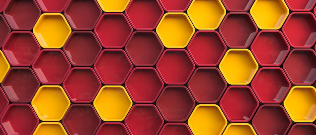 Fondo geométrico con render 3d de celdas hexagonales amarillas y rojas