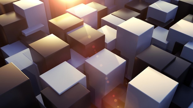 Fondo geométrico de representación 3d Transformación de elementos rectangulares de diferentes niveles con una base cuadrada Estructura abstracta con cubos generados por computadora