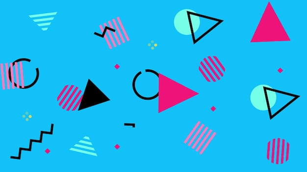 Fondo geométrico retro estilo pop art con formas negras rosadas en composición azul s y s