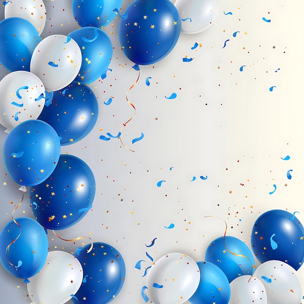 Fondo de globos brillantes azules con ilustración vectorial de marco dorado