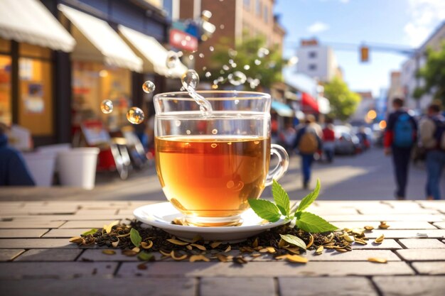 Foto el fondo de la gota de té en la calle