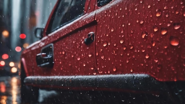 Foto fondo de gotas de lluvia en un panel de vehículo rojo