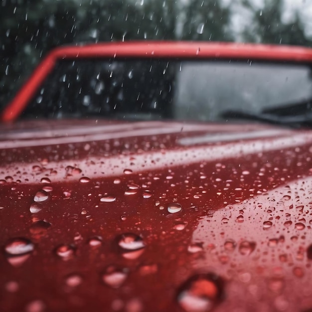 Fondo de gotas de lluvia en un panel de vehículo rojo
