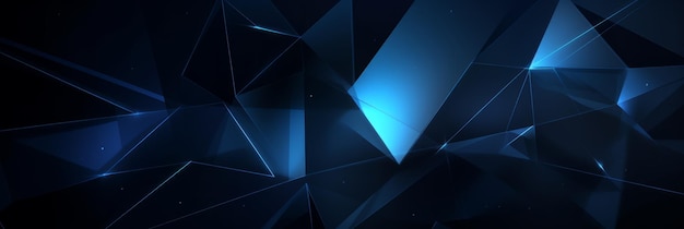 Fondo de gradiente azul oscuro con formas y líneas geométricas negras superpuestas, bordes afilados y reflejos de luz en superficies metálicas