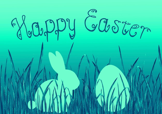 Fondo de gradiente horizontal de caza de huevos de conejo de conejito de Pascua. Ilustración de dibujado a mano de diseño de plantilla de Pascua feliz turquesa verde azulado verde azul. Tarjeta de felicitación con conejo conejo huevo hierba verde y texto