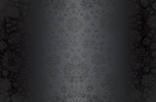 Fondo de gradiente de metal negro de lujo con textura textil de tela angustiada Patrón floral ornamental