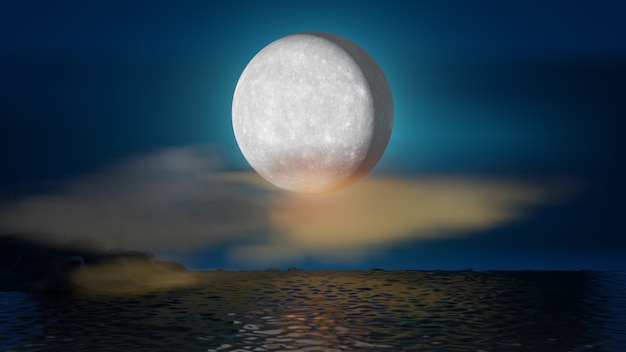 Fondo gráfico de Halloween. Gran luna llena en el cielo azul con reflejo de agua de mar y nubes. Tema naranja azul. Representación de la ilustración 3d