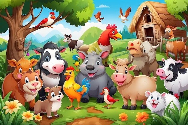 Foto fondo de la granja con animales felices