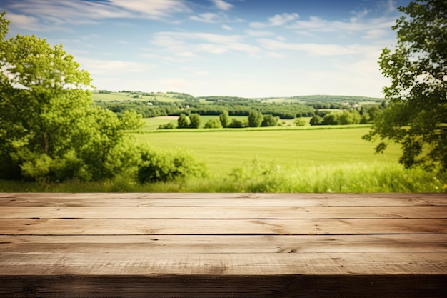 Foto fondo de granja con mesa de madera, escritorio rústico en campos naturales de primavera y verano verde y exuberante