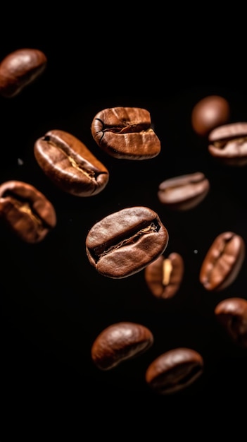 Fondo de granos de café Granos de café tostados que caen o vuelan sobre fondo negro AI generado