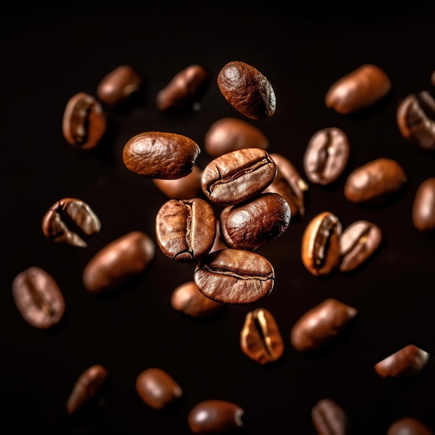 Fondo de granos de café Granos de café tostados que caen o vuelan sobre fondo negro AI generado