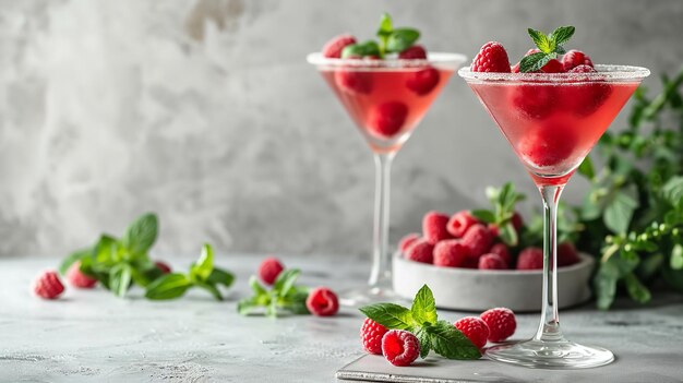 Un fondo gris acompañado de dos tazas de martinis de frambuesa espacial IA generativa