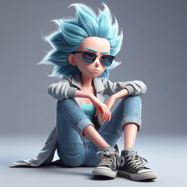 fondo gris una chica que se parece a rick sentado con gafas oscuras cabello azul renderizado en