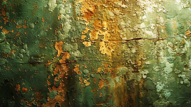 Foto fondo grunge abstracto con pintura descascarada y superficie verde y dorada agrietada