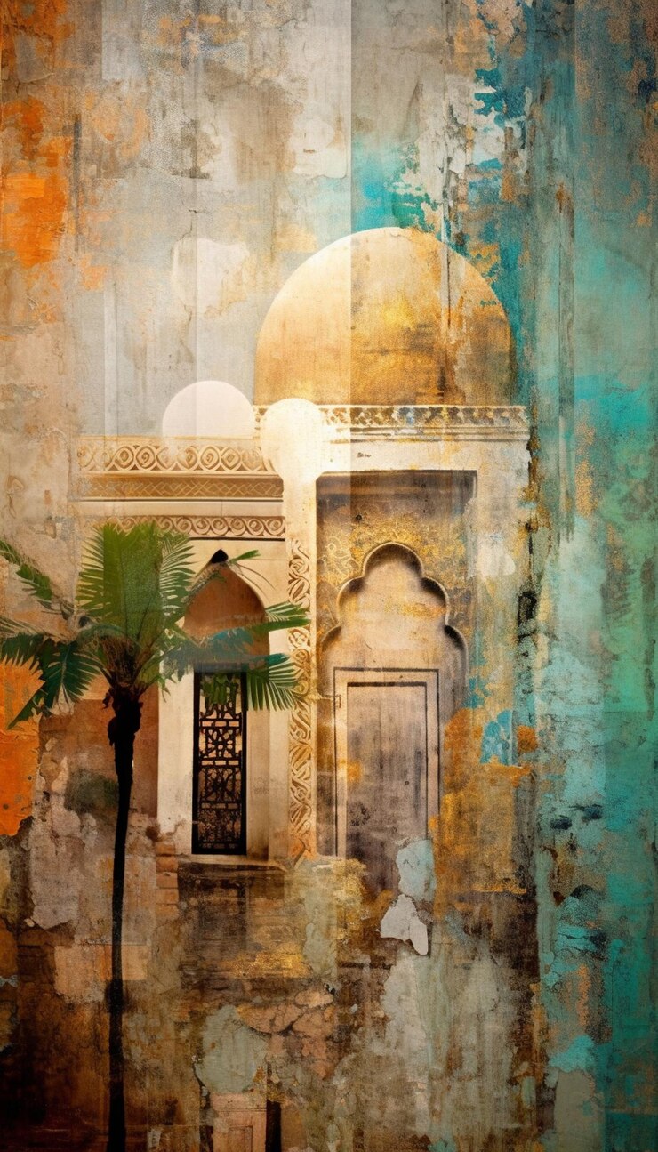 Fondo de grunge con palma de mezquita y pared con textura grunge