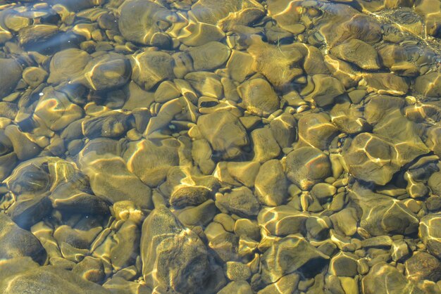 Fondo de guijarros brillantes en el fondo del río