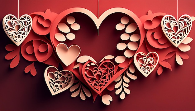 Fondo de guirnalda de corazón de amor de San Valentín en estilo de corte de papel IA generativa