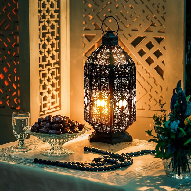 fondo de la habitación linterna Ramzan fechas en bawl agua vidrio tasbih en la mesa foto cinematográfica