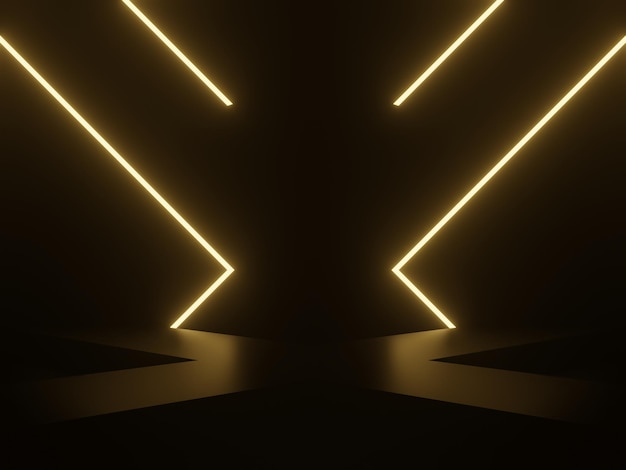 Fondo de habitación oscura en 3D con luces de neón doradas