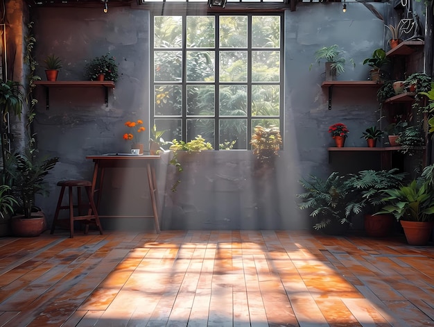 Foto fondo de una habitación vacía con rayos de luz solar entrando por la ventana generado por ia