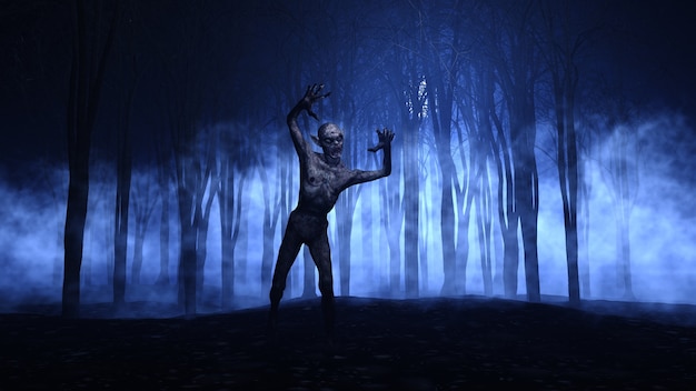 Fondo de Halloween 3D de un zombie emergiendo de un bosque de niebla