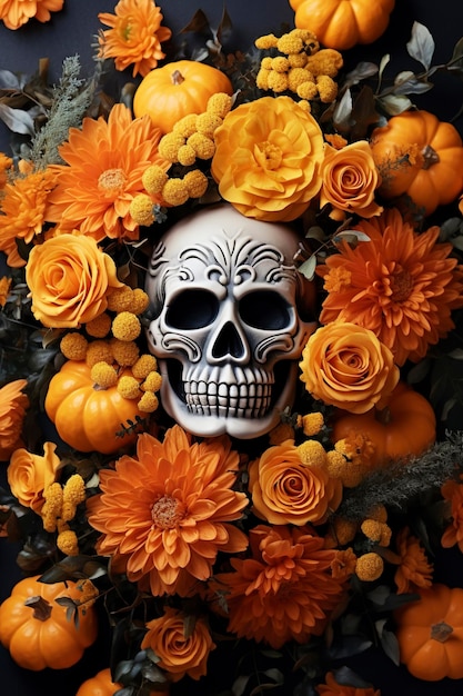 Fondo de Halloween y arreglo de flores y calabazas talladas