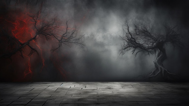 fondo de halloween con aterrador aterrador y espeluznante fantasma en el suelo de madera oscuro vacío con niebla y luces espacio vacío