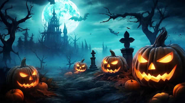 fondo de halloween aterrador con calabazas y luna