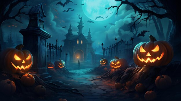 fondo de halloween aterrador con calabazas y luna