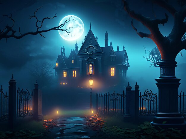 El fondo de Halloween aterrador de la noche oscura de terror con la casa espeluznante generada por la IA
