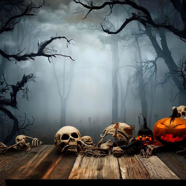 Fondo de Halloween Bosque espeluznante con árboles muertos y calabazas y mesa de madera