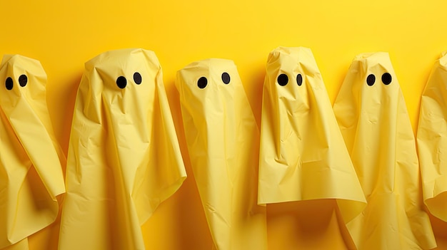 Fondo de Halloween brillante y divertido con cabezas de fantasmas de juguete en color amarillo