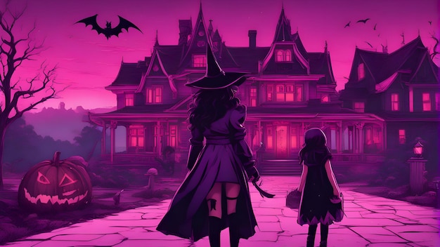 Fondo de Halloween con una bruja y una niña frente a una casa embrujada