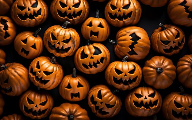 Foto fondo de halloween cabeza de calabaza con caras malvadas vista superior