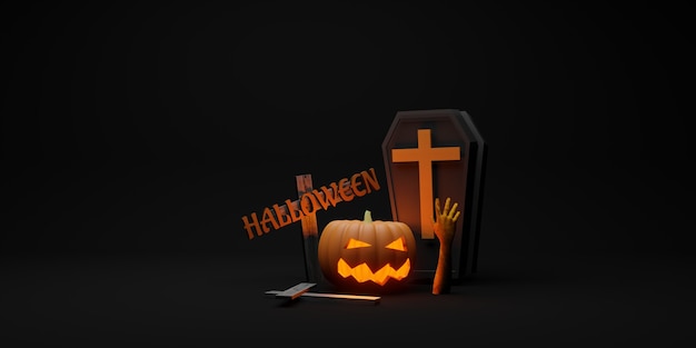 Fondo de Halloween calabaza cruz murciélago y ataúd fondo negro ilustración 3d