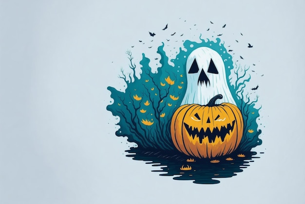 Fondo de Halloween con calabaza y fantasma en tema de color agua.