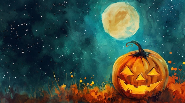 Fondo de Halloween con calabaza y luna Ilustración para niños