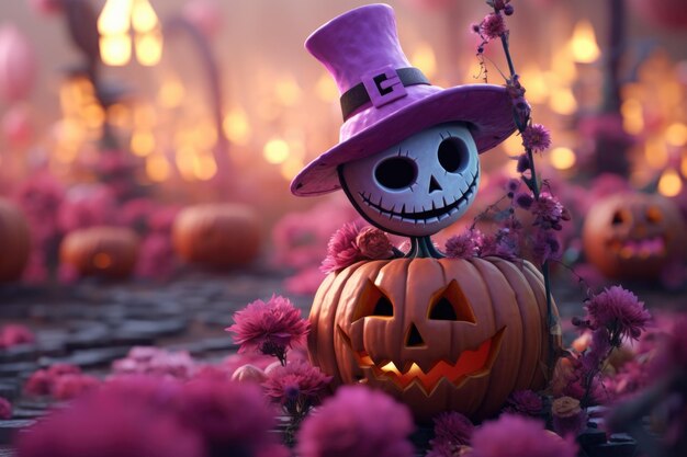 Fondo de Halloween con calabaza con sombrero rosa IA generativa