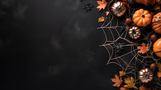 Fondo para halloween con calabazas, arañas y hojas de otoño vista superior