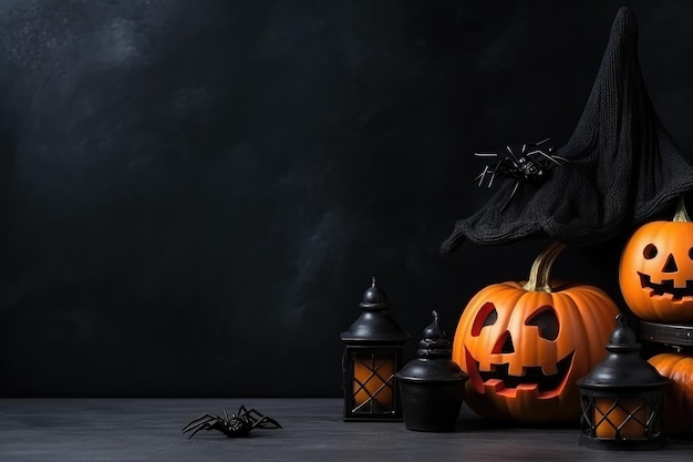 Fondo de Halloween con calabazas, arañas y murciélagos sobre fondo negro