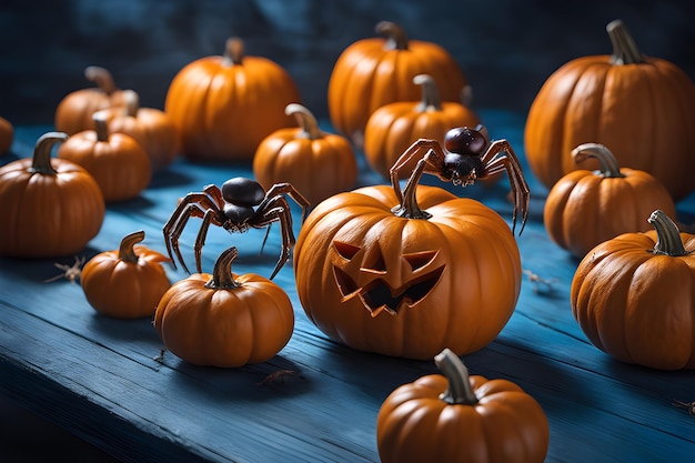 Fondo de Halloween con calabazas, arañas, telarañas y murciélagos.