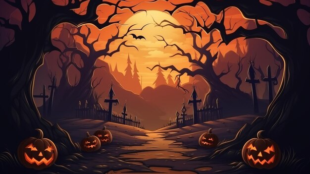 un fondo de halloween con calabazas y árboles