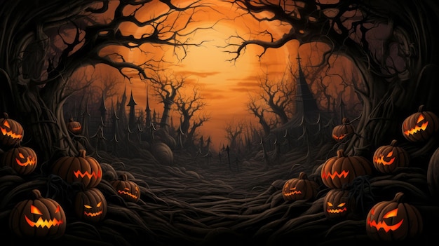 fondo de halloween con calabazas y árboles